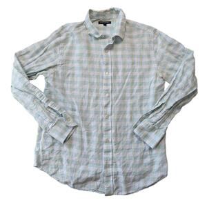 Banana Republic Plaid Shirt Mens Large Blue Yellow Linen Cotton Button Down Long